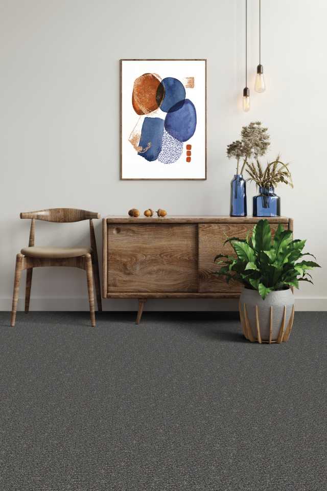 patterned gray carpet in living room with wood accents and artwork